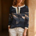 Navy Blue Abstract Blouse, Painterly Wave Print Long Sleeve Top | front view