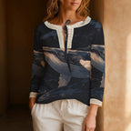 Navy Blue Abstract Blouse, Painterly Wave Print Long Sleeve Top | front view