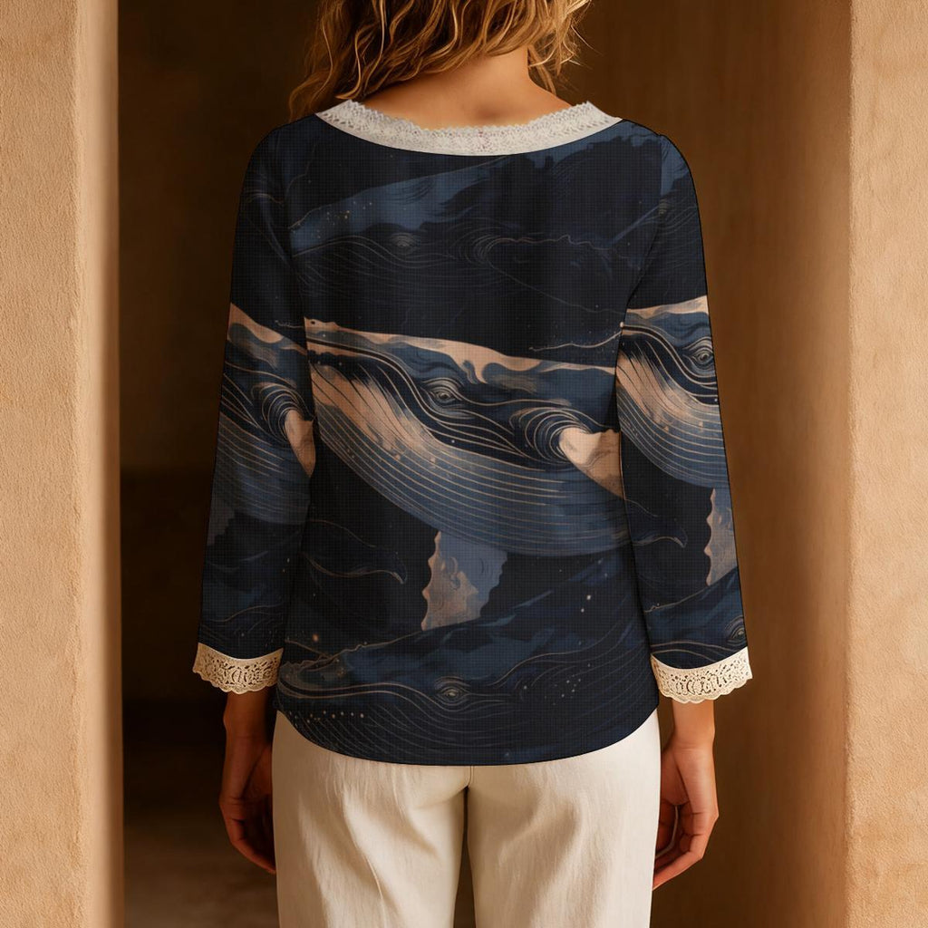 Navy Blue Abstract Blouse, Painterly Wave Print Long Sleeve Top | product detail