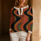 Retro Abstract Blouse, 70s Wavy Stripe Tie Neck Long Sleeve Top | front view