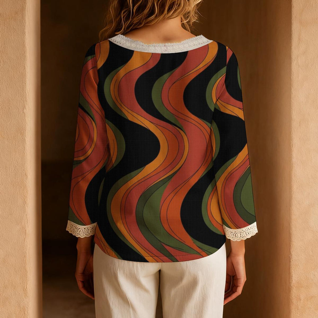 Retro Abstract Blouse, 70s Wavy Stripe Tie Neck Long Sleeve Top | product detail