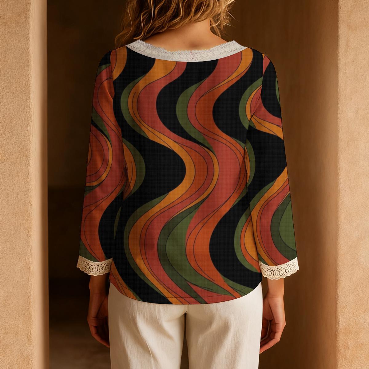 Retro Abstract Blouse, 70s Wavy Stripe Tie Neck Long Sleeve Top | product detail