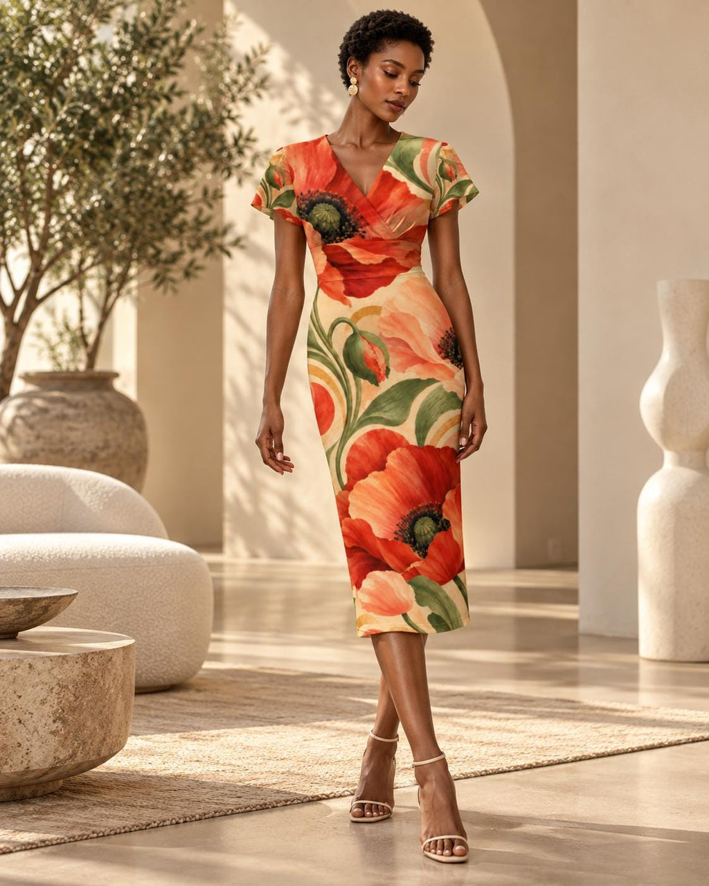 Orange Poppy Midi Dress, Warm Botanical Floral Print, V Neck Flutter Sleeves - product gallery photo 11