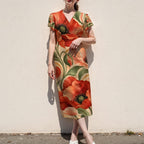 Orange Poppy Midi Dress, Warm Botanical Floral Print, V Neck Flutter Sleeves - product gallery photo 12