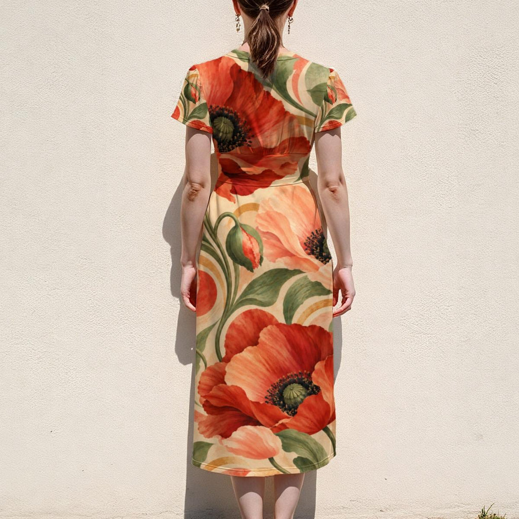 Orange Poppy Midi Dress, Warm Botanical Floral Print, V Neck Flutter Sleeves - editorial photo 2