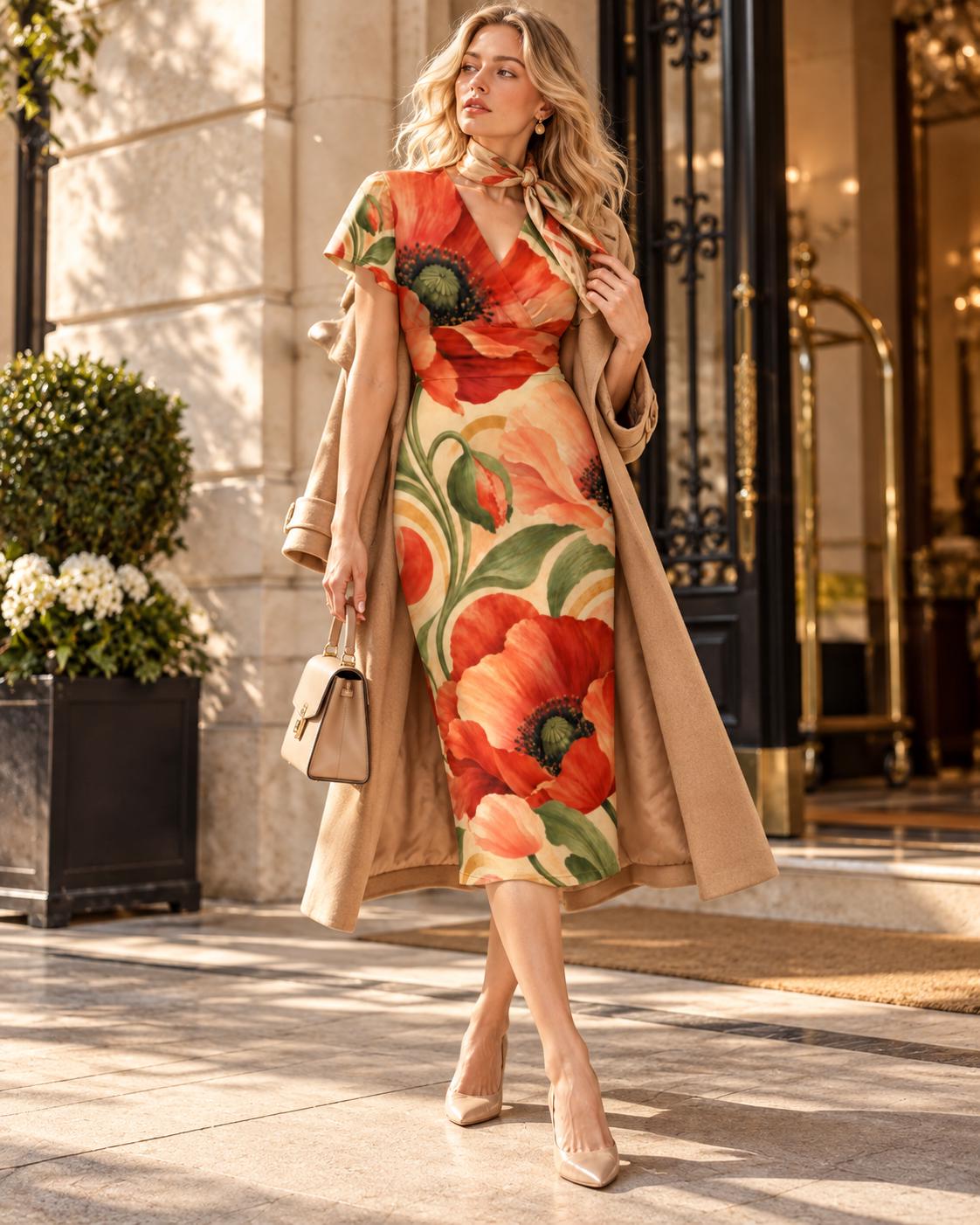 Orange Poppy Midi Dress, Warm Botanical Floral Print, V Neck Flutter Sleeves - editorial photo 4