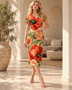 Orange Poppy Midi Dress, Warm Botanical Floral Print, V Neck Flutter Sleeves - editorial photo 7