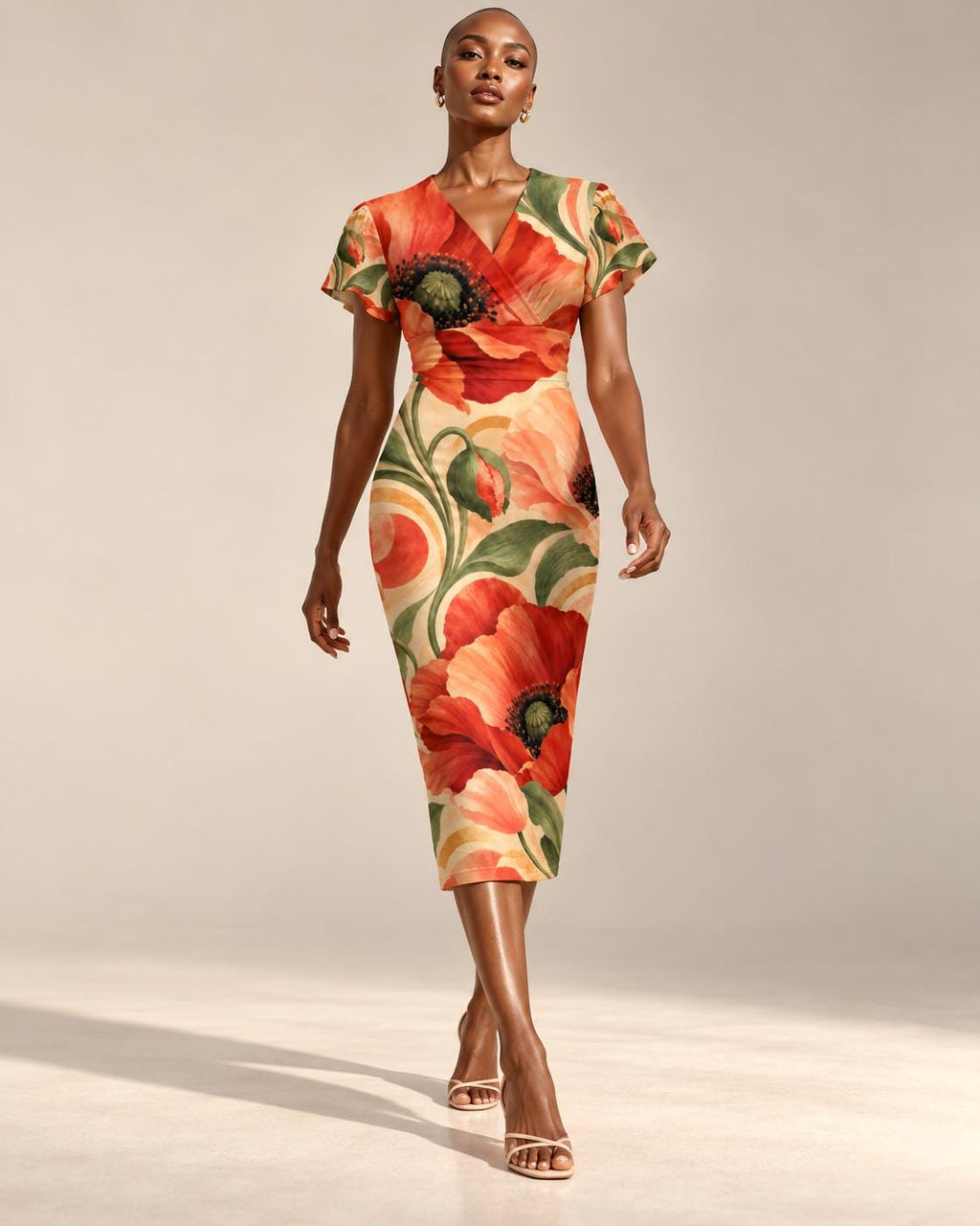 Orange Poppy Midi Dress, Warm Botanical Floral Print, V Neck Flutter Sleeves - product gallery photo 9