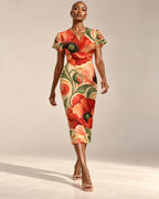 Orange Poppy Midi Dress, Warm Botanical Floral Print, V Neck Flutter Sleeves - product gallery photo 9