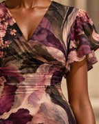 Moody Purple Floral Midi Dress, Dark Romantic Botanical, V Neck Flutter Sleeves - editorial photo 1