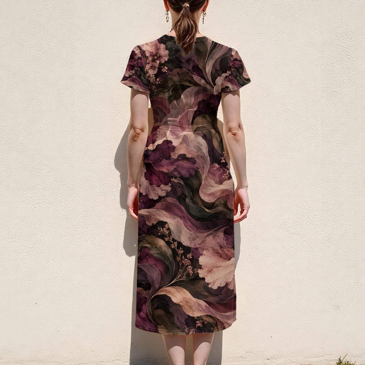 Moody Purple Floral Midi Dress, Dark Romantic Botanical, V Neck Flutter Sleeves - product gallery photo 10