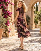 Moody Purple Floral Midi Dress, Dark Romantic Botanical, V Neck Flutter Sleeves - editorial photo 2