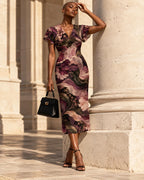Moody Purple Floral Midi Dress, Dark Romantic Botanical, V Neck Flutter Sleeves - editorial photo 5