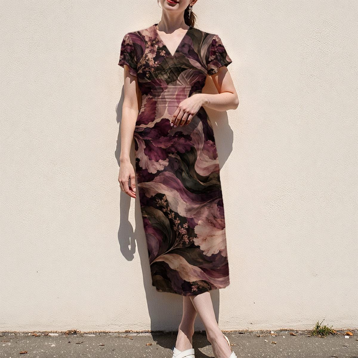Moody Purple Floral Midi Dress, Dark Romantic Botanical, V Neck Flutter Sleeves - product gallery photo 9