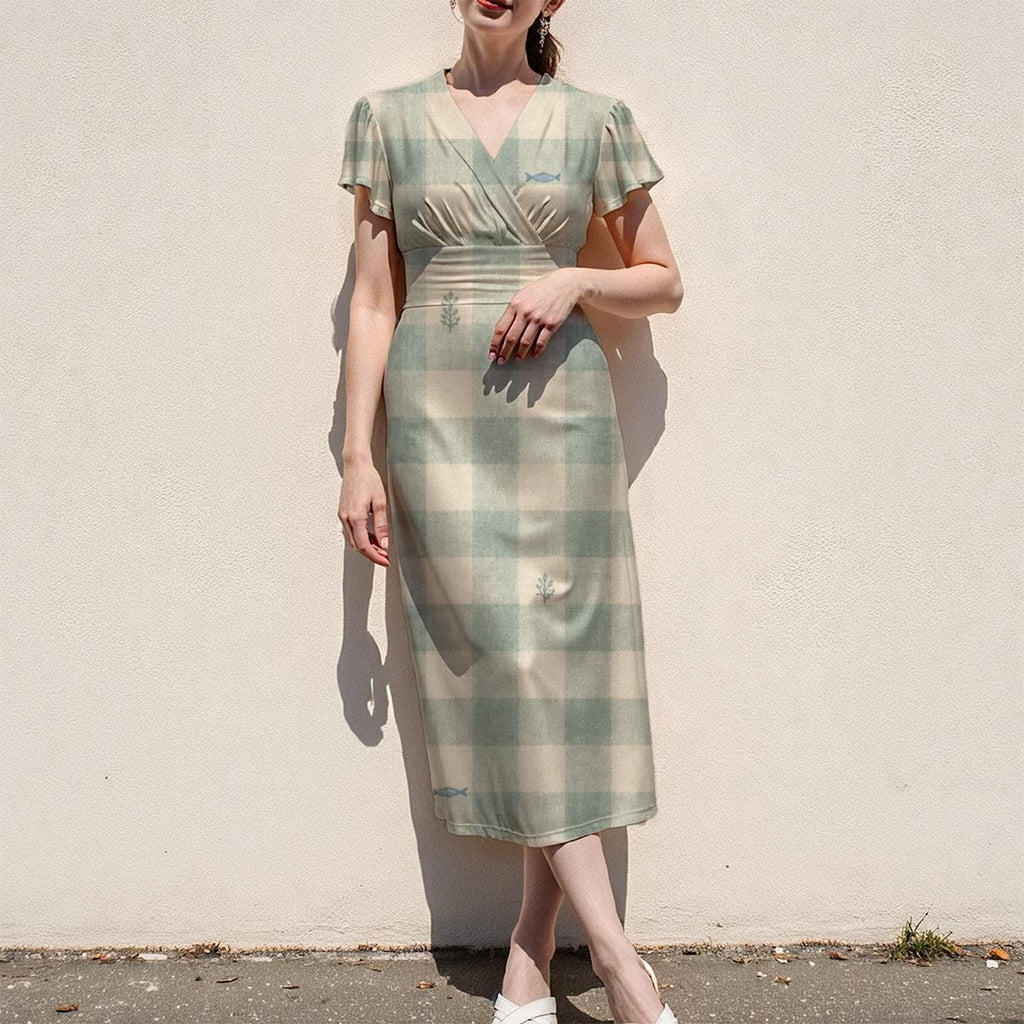 Sage Green Dress, Soft Pastel Gingham Plaid Midi, V Neck Flutter Sleeves - product gallery photo 10
