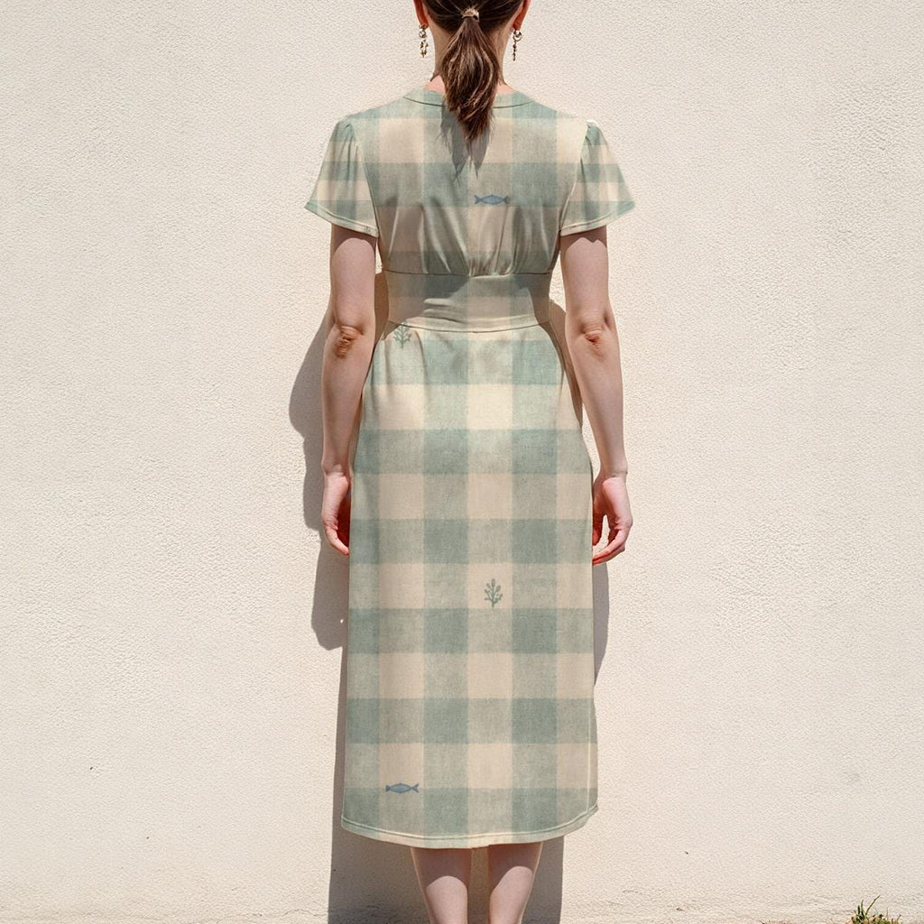 Sage Green Dress, Soft Pastel Gingham Plaid Midi, V Neck Flutter Sleeves - product gallery photo 11