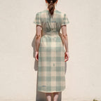Sage Green Dress, Soft Pastel Gingham Plaid Midi, V Neck Flutter Sleeves - product gallery photo 11