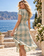 Sage Green Dress, Soft Pastel Gingham Plaid Midi, V Neck Flutter Sleeves - editorial photo 2