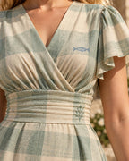 Sage Green Dress, Soft Pastel Gingham Plaid Midi, V Neck Flutter Sleeves - editorial photo 3