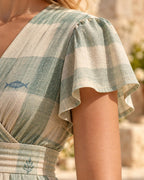 Sage Green Dress, Soft Pastel Gingham Plaid Midi, V Neck Flutter Sleeves - editorial photo 5