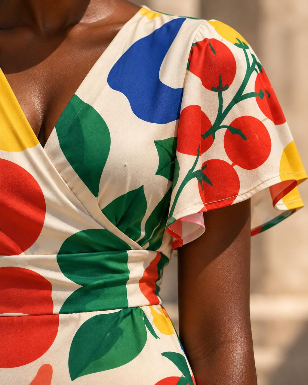 Retro Tomatoes Midi Dress, Bold 70s Flower Print, V Neck Flutter Sleeves - editorial photo 1