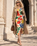 Retro Tomatoes Midi Dress, Bold 70s Flower Print, V Neck Flutter Sleeves - product gallery photo 10