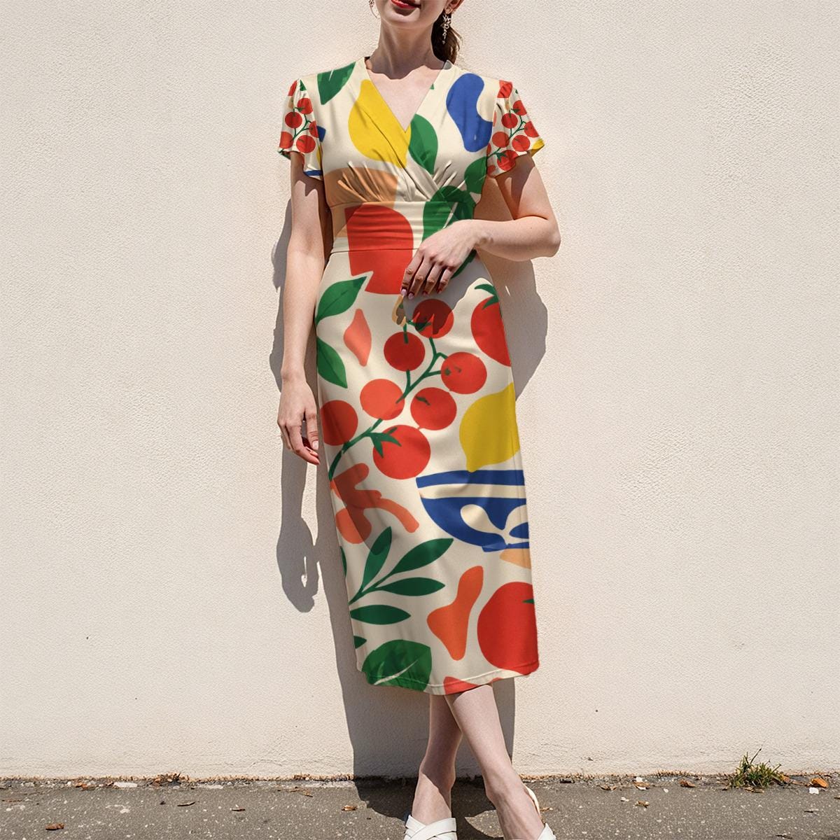 Retro Tomatoes Midi Dress, Bold 70s Flower Print, V Neck Flutter Sleeves - product gallery photo 11