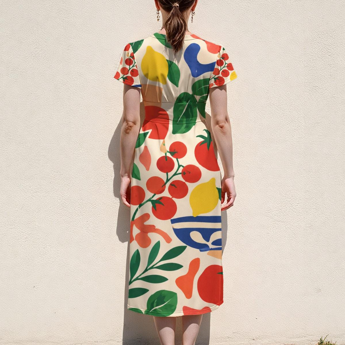 Retro Tomatoes Midi Dress, Bold 70s Flower Print, V Neck Flutter Sleeves - product gallery photo 12