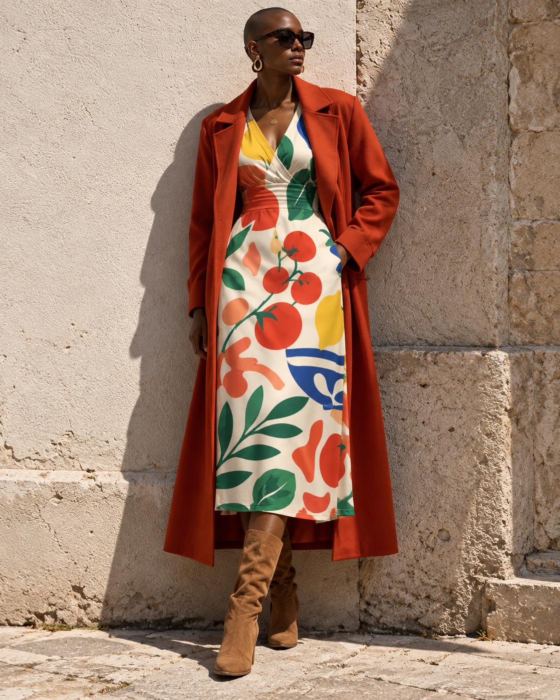 Retro Tomatoes Midi Dress, Bold 70s Flower Print, V Neck Flutter Sleeves - editorial photo 2