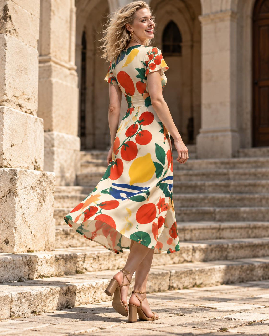Retro Tomatoes Midi Dress, Bold 70s Flower Print, V Neck Flutter Sleeves - editorial photo 3