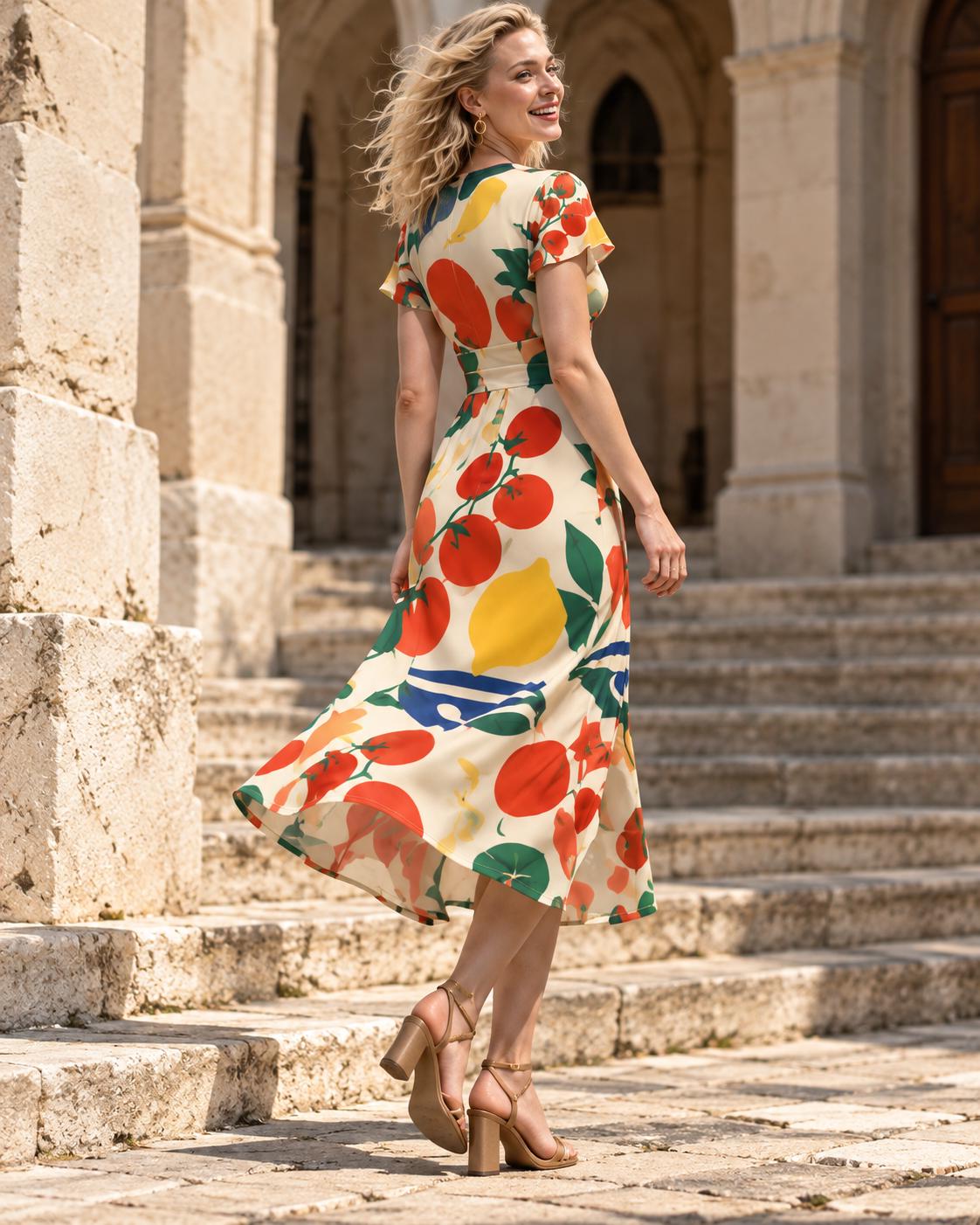 Retro Tomatoes Midi Dress, Bold 70s Flower Print, V Neck Flutter Sleeves - editorial photo 3