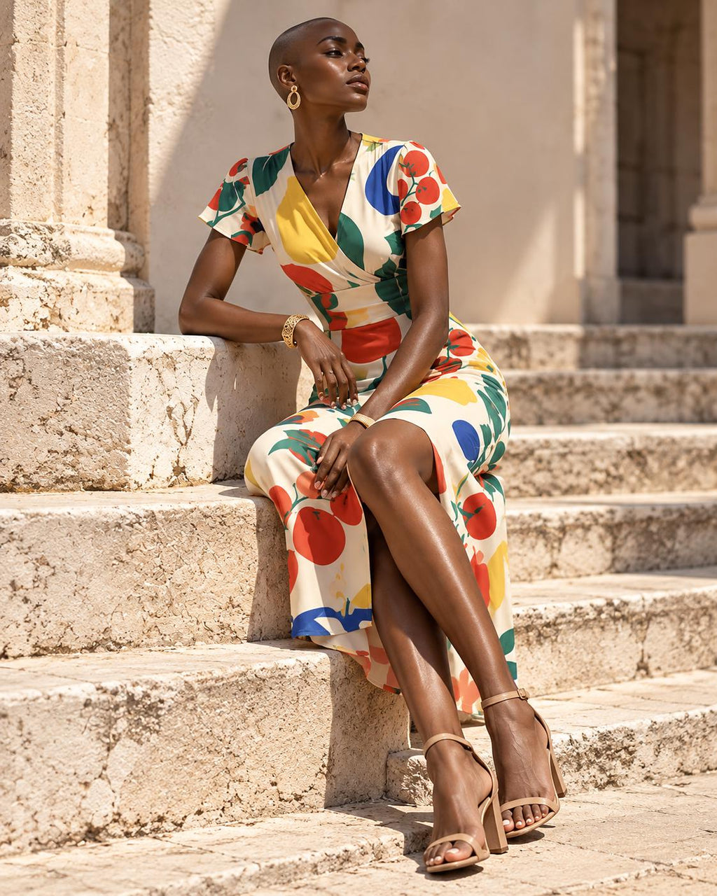 Retro Tomatoes Midi Dress, Bold 70s Flower Print, V Neck Flutter Sleeves - editorial photo 5