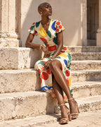 Retro Tomatoes Midi Dress, Bold 70s Flower Print, V Neck Flutter Sleeves - editorial photo 5
