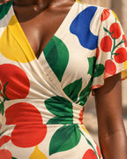 Retro Tomatoes Midi Dress, Bold 70s Flower Print, V Neck Flutter Sleeves - product gallery photo 8