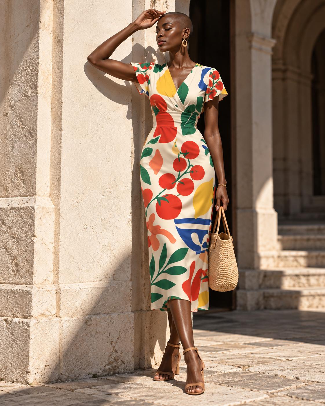 Retro Tomatoes Midi Dress, Bold 70s Flower Print, V Neck Flutter Sleeves - product gallery photo 9