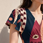 70s Geometric Midi Dress, Pink Navy Retro Abstract, V Neck Flutter Sleeves - editorial photo 1