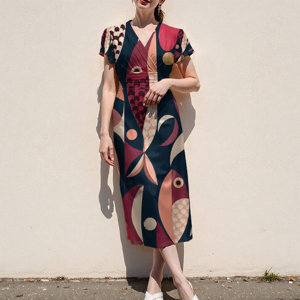 70s Geometric Midi Dress, Pink Navy Retro Abstract, V Neck Flutter Sleeves - product gallery photo 10