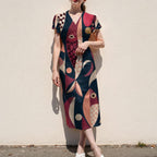 70s Geometric Midi Dress, Pink Navy Retro Abstract, V Neck Flutter Sleeves - product gallery photo 10
