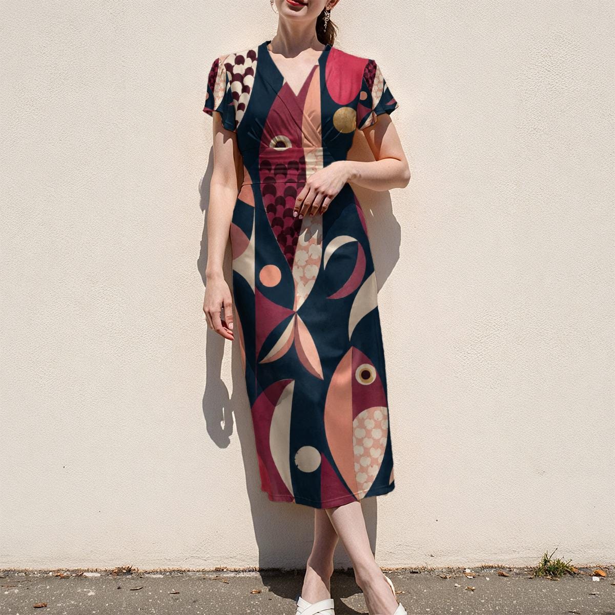 70s Geometric Midi Dress, Pink Navy Retro Abstract, V Neck Flutter Sleeves - product gallery photo 10