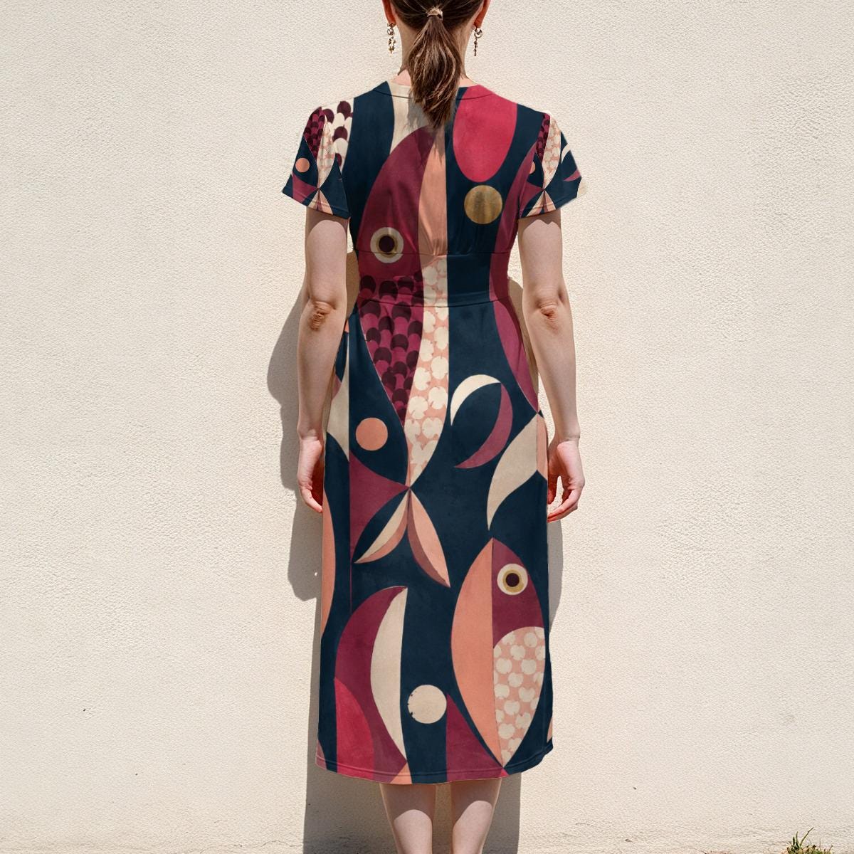 70s Geometric Midi Dress, Pink Navy Retro Abstract, V Neck Flutter Sleeves - product gallery photo 11