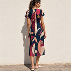 70s Geometric Midi Dress, Pink Navy Retro Abstract, V Neck Flutter Sleeves - editorial photo 2
