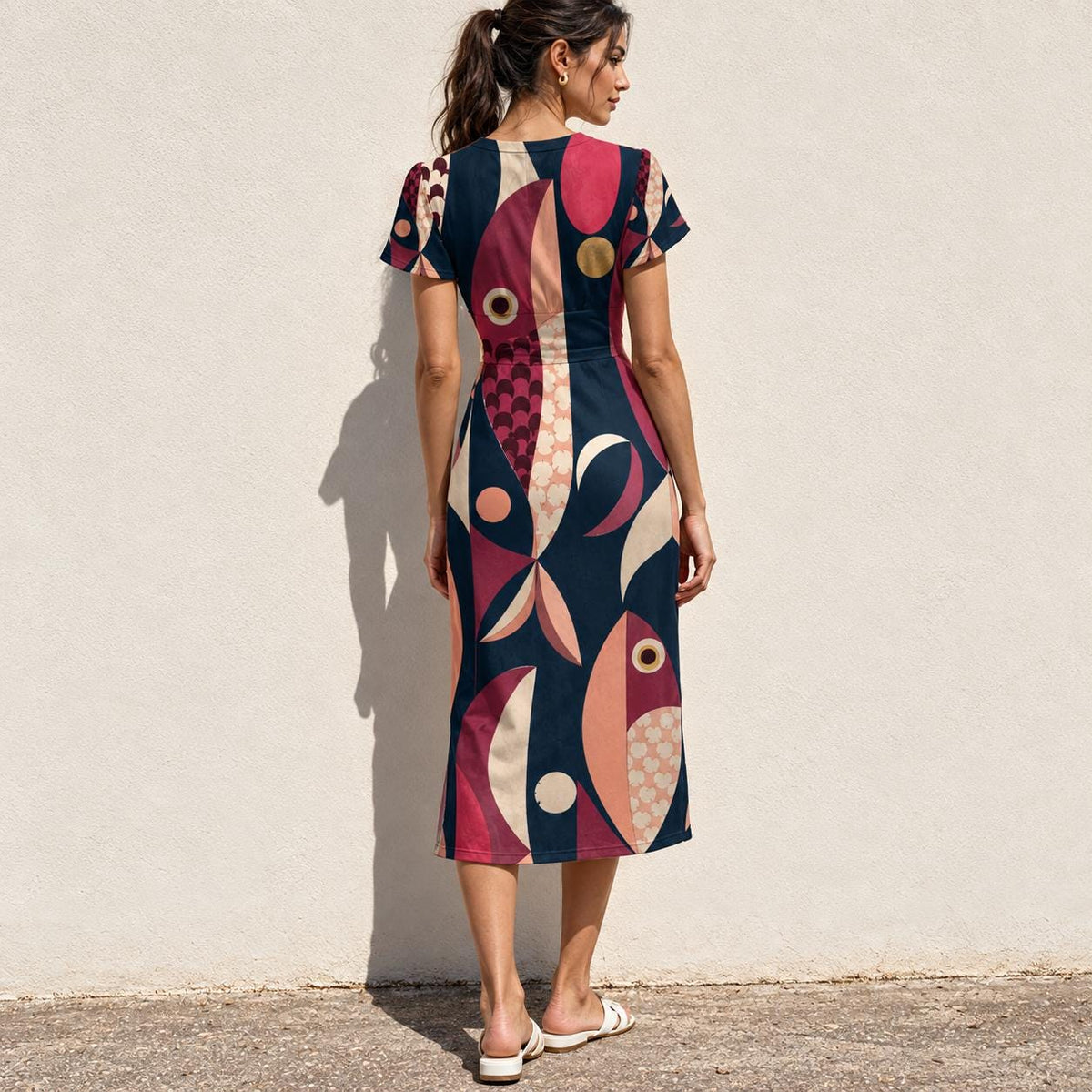 70s Geometric Midi Dress, Pink Navy Retro Abstract, V Neck Flutter Sleeves - editorial photo 2