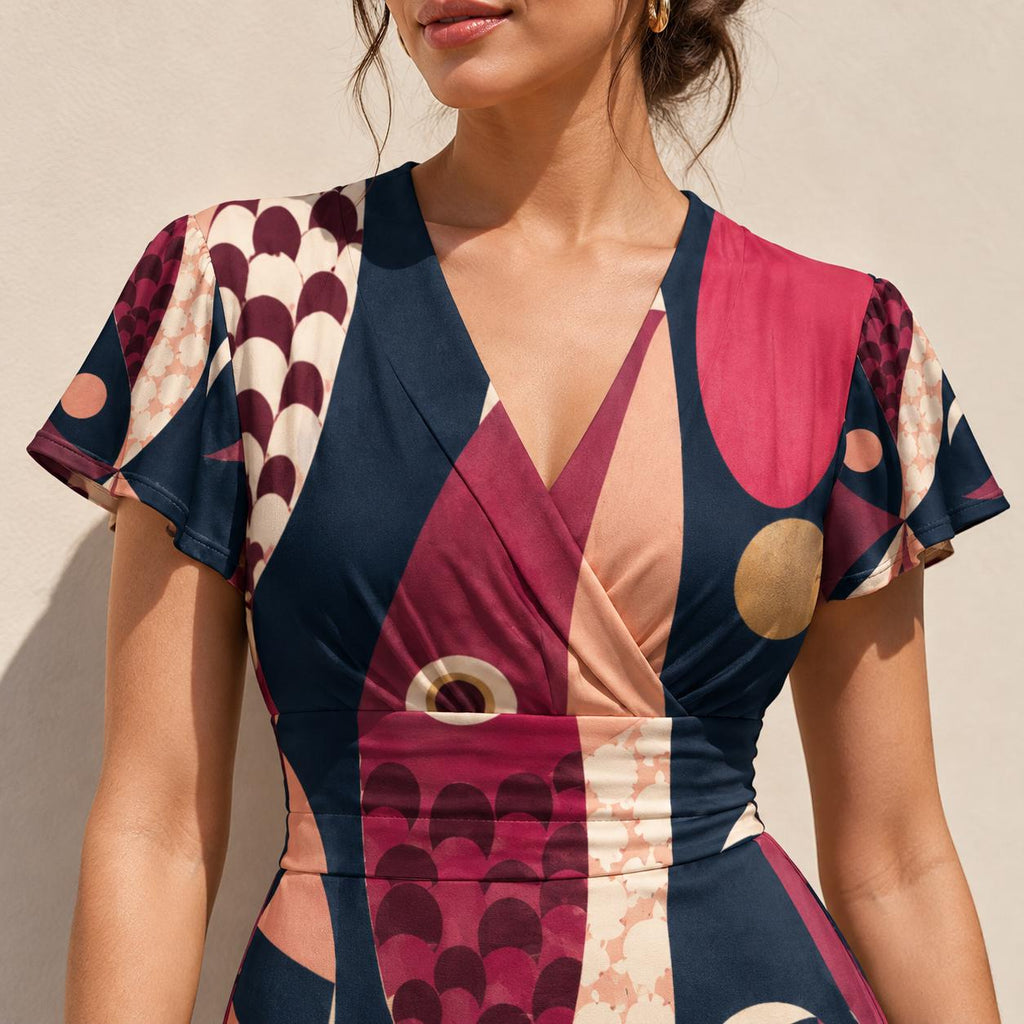 70s Geometric Midi Dress, Pink Navy Retro Abstract, V Neck Flutter Sleeves - editorial photo 3