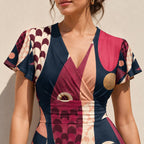 70s Geometric Midi Dress, Pink Navy Retro Abstract, V Neck Flutter Sleeves - editorial photo 3
