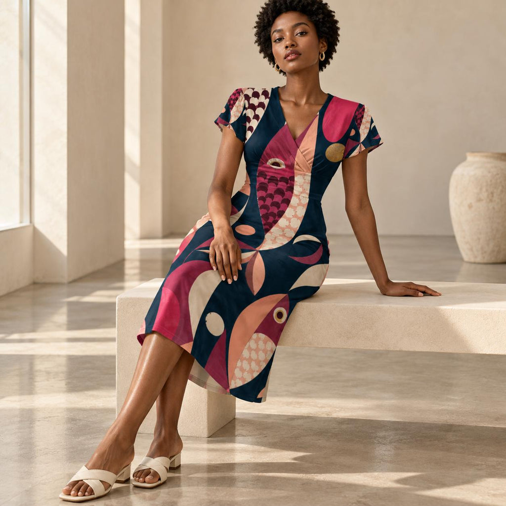 70s Geometric Midi Dress, Pink Navy Retro Abstract, V Neck Flutter Sleeves - editorial photo 5