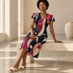 70s Geometric Midi Dress, Pink Navy Retro Abstract, V Neck Flutter Sleeves - editorial photo 5