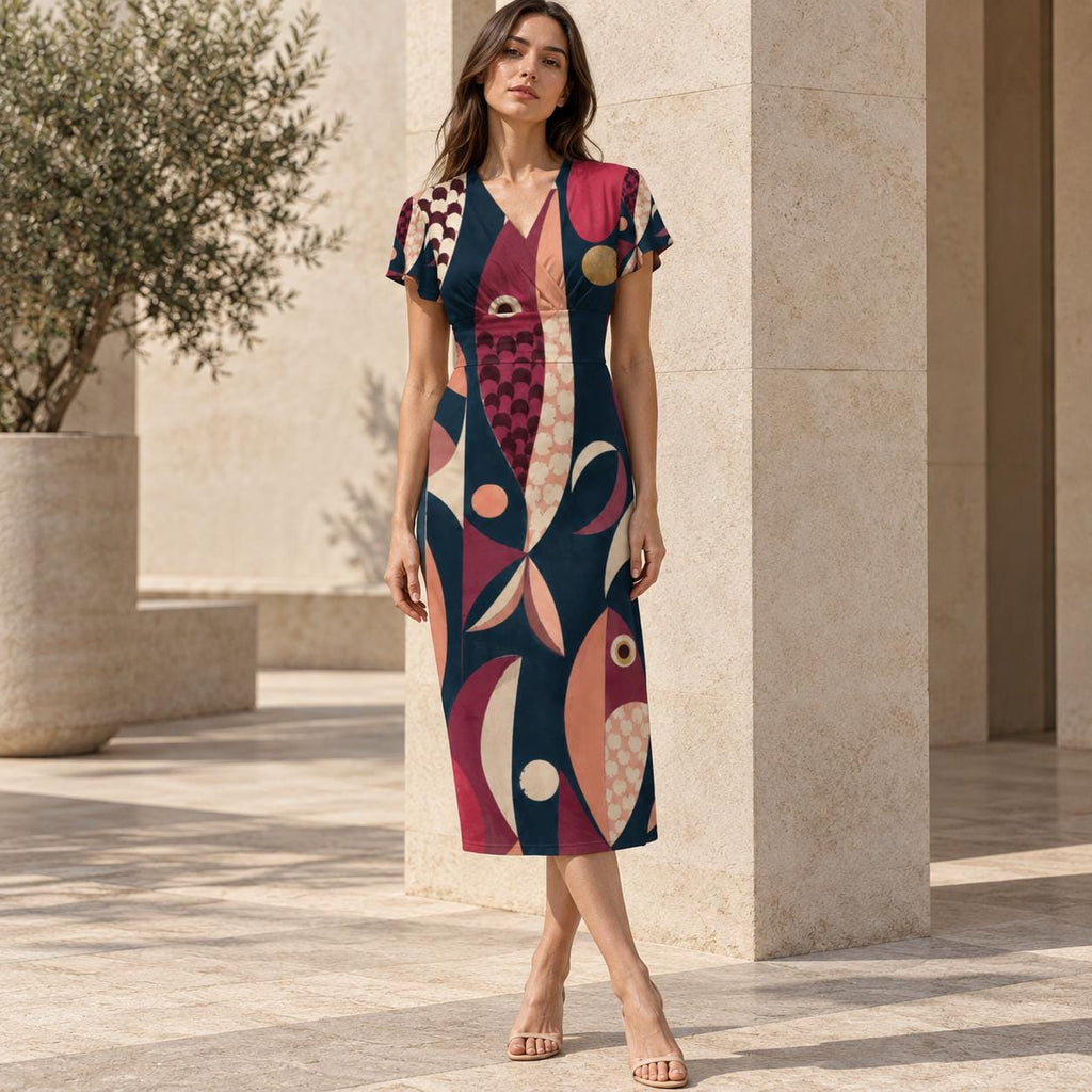 70s Geometric Midi Dress, Pink Navy Retro Abstract, V Neck Flutter Sleeves - editorial photo 6