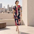70s Geometric Midi Dress, Pink Navy Retro Abstract, V Neck Flutter Sleeves - editorial photo 7