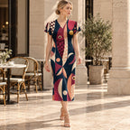 70s Geometric Midi Dress, Pink Navy Retro Abstract, V Neck Flutter Sleeves - product gallery photo 8
