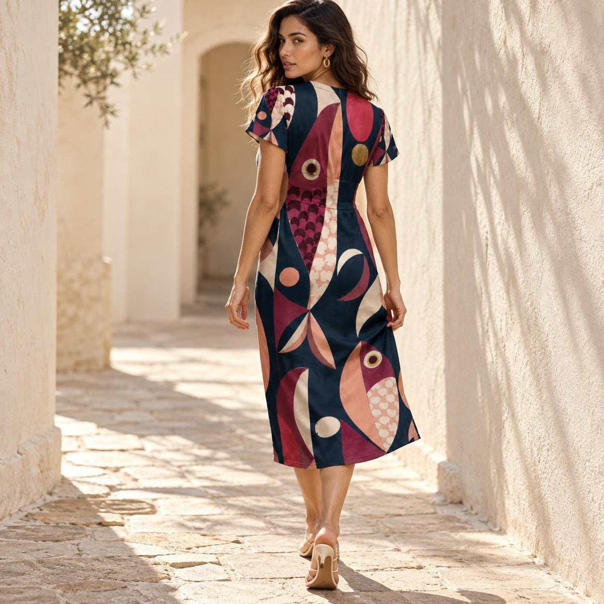 70s Geometric Midi Dress, Pink Navy Retro Abstract, V Neck Flutter Sleeves - product gallery photo 9